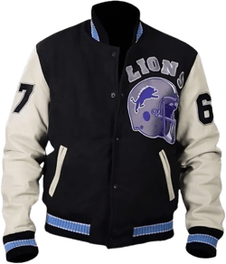 Men's Baseball Hills Cop Varsity Letterman Bomber Jacket, Wool Blend with Leather Sleeves, Lion Patch Large Off White Sleeves