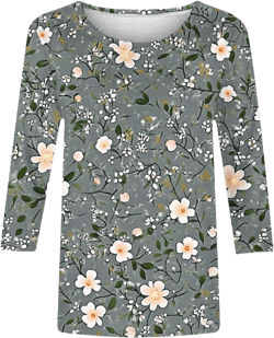 Womens 3/4 Length Sleeve Tops Boho Floral Print Crew Neck T-Shirts Casual Tee Fashion Plus Size Tunic Tops Blouse Gray 5X-Large