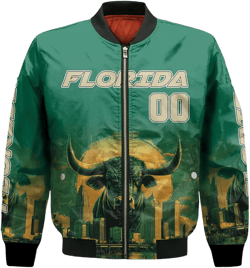 Custom Bomber Jacket City State Art Colorful Personalized Name Number Zip Up Varsity Baseball Jacket For Men Women Green Gold Florida Bull