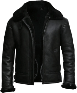 Men's Bomber Aviator B3 Fur Shearling Flying Pilot Real Sheepskin Black Leather Jacket X-Large Black