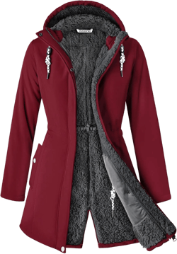 Women's Softshell Jacket Long Fleece Ladies Insulated Coats Warm with Hood for Outdoor Winter RED XL