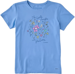 Life is Good Women's Crusher Tee, Short Sleeve Cotton Graphic T-Shirts, Earth Laughs in Wildflowers X-Small Cornflower Blue