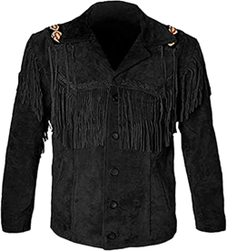 Classyak Western Leather Jackets for Men Cowboy Leather Jacket and Fringe Beaded Coat 4X-Large Suede Leather Black
