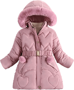 Happy Cherry Girls Fleece Lined Jacket Puffer Jacket Fur Collar Hooded Long Down Jacket Kids Windproof Coat Outerwear 2024 Pink 4-5T