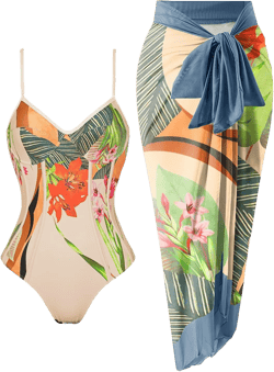 Women's One Piece Swimsuit with Beach Cover Up Retro Floral Print Bathing Suits with Coverup Set Sarong Wrap Swim Suit 1 Piece Swimwear Set with Matching Skirt Beige Floral Medium