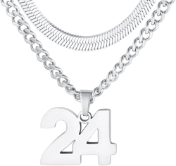 Number Necklace, Layered Necklace for Men Boys Kids, Number Necklace for Boy Athlete, 18+20 In Stainless Steels Chain for Men With Number Pendant, Basketball Football Baseball Number Necklaces for Boys silver number 24