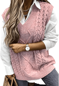 Hyipels Women's Sweater Vest,Long Cable Loose Knitted Sleeveless V Neck Casual Sweaters Tank Top S~XL 1 Dusty Pink Small