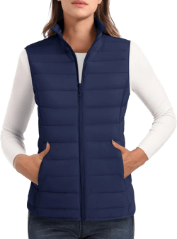 MAGCOMSEN Women's Puffer Vest Lightweight Stand Collar Zip 4 Pockets Puffy Vests Sleeveless Quilted Padded Outerwear Medium Navy