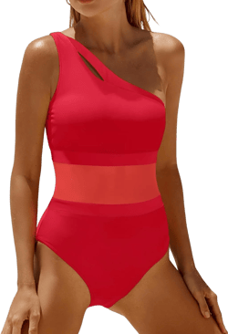 Holipick Women's One Shoulder One Piece Swimsuit Cutout Bathing Suits Mesh Slimming Swimwear for Teen Girls Large Red