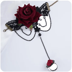 Kercisbeauty Burgundy Red Rose Flower Black Lace Hand Chain with Finger Ring flamenco dance Wristband for Women Festival Bracelet (Style 6)