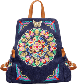 Jursccu Denim Embroidered Floral Canvas Backpacks for Women Anti theft Retro Jeans Travel Ethnic Style Shoulder Bag (Jean Navy Blue) one-size