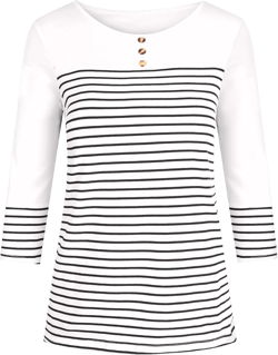 LilyCoco Womens 3/4 Sleeve Striped Top Color Block Button T Shirt Boat Neck Cotton Tee Black and White X-Large
