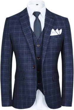 Premium Men Navy Blue Plaid Tweed Blazer Prom Tuxedo Notch Lapel Check Grooms Tuxedo Wedding 3 Pieces Suit Jacket Pants Vest Large Navy Blue