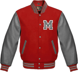 Varsity Letterman Jacket, Wool, Multicoloured, Grey Leather, Basketball with M-Patch, School Uniform XX-Large Red