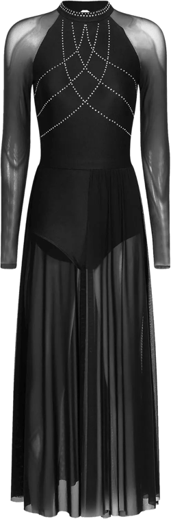 Women Long Ballet Lyrical Dance Dress Rhinestone Flowy Maxi Dresses Long Sleeve Split Ballet Leotard Small Black