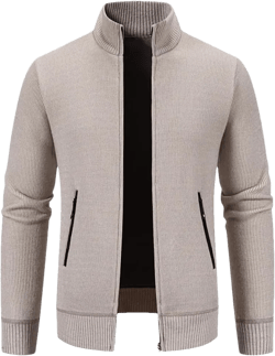 Men's Stand Up Collar Zipper Splicing Knitted Cardigan Jacket Solid Color Casual Loose Business Sweater Cardigan Medium Beige