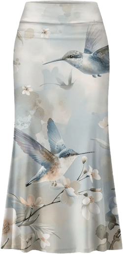 Biyejit Women's Pencil Skirts Boho Elastic High Waist A Line Swing Beach Maxi Skirt Flare Long Basic Skirts Plus Size S-2XL White Floral Hummingbirds Medium