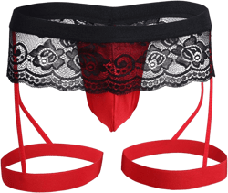Men's Lace Floral G String Sissy Panties Bikini Thong Underwear Jockstrap with Garter X-Large Red