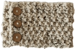 Knitted Knit Stretchy Ear Warmer Headband, Head Wrap with Coconut Button Embellishments. Handmade in Oatmeal Yarn.