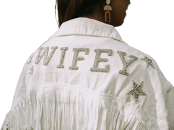 White Fringe Rhinestone Denim Jacket with Stars| Personalized Bride Jacket | Custom Mrs. Jean Jacket | Wifey Denim | Wedding Jacket