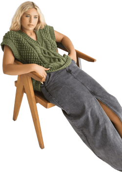 Chunky knit forest green alpaca wool sweater vest, cable knitted deep v-neck winter gilet, thick Fair Isle hand-made top pullover with braid