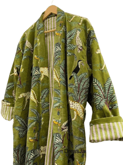 Green Jungle Print Velvet Kimono Robes, Morning Tea Velvet Coat, Bridesmaid Robe, Women Wear Cotton Velvet robe, Velvet Jacket, Bridal Robe
