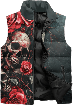 Neduz Gothic Skull & Roses Puffer Vest - Sleeveless Jacket - Unisex - Winter Warmer
