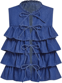 MakeMeChic Women's Denim Vest Bow Tie Front Ruffle Tiered Sleeveless Vests Large Dark Blue