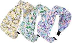 3-Piece Flower Print knotted Headbands for Women, Cute Fashion Women’s Wide Thick Cloth Floral Headband, Trendy Soft Hair Bands Accessories for Girls (Purple & Blue & Yellow)