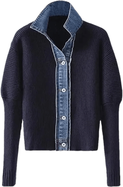 Women's Casual Patchwork Knitted Sweater Cardigan Jacket Lapel Button Vingtage Denim Knit Coat Large Navy