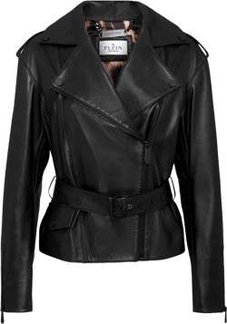 oversize-logo belted leather-jacket