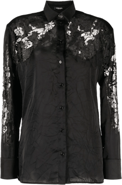 sheer-lace crinkled satin shirt