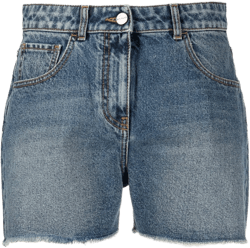 palm tree-embroidered frayed denim shorts