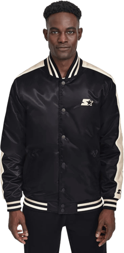 Starter Men's Satin Varsity Midweight with Quilted Lining Long Sleeve Jacket Large Black