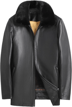 Men's Mink Fur Coat Cowhide Leather Jacket Lapel Business Fur Coat XX-Large Black- Collar