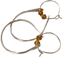 Hammered Sterling Silver Womens Double Hoop Earrings With Amber Swarovski Crystals