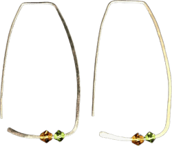 Hammered Sterling Silver Womens Rectangle Hoop Earrings Amber & Green Swarovski Crystals