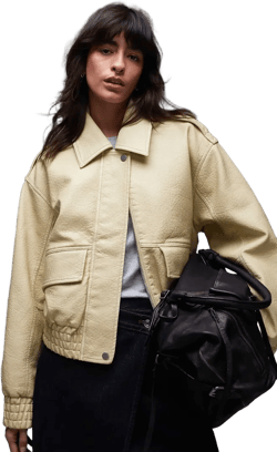 Cropped Bubble Hem Faux Leather Bomber Jacket In Buttermilk-yellow