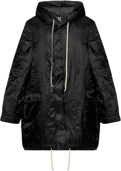 'fishtail' Black Parka With Drawstring Hood And Hem