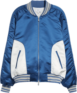 Chamonix Ski Souvenir Satin Bomber Jacket In Blue And White
