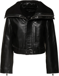 Women's Cropped Belted Leather Biker Jacket In Black