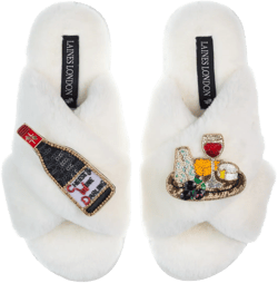 Women's White Classic Laines Slippers With Cheese & Red Wine Brooches - Cream