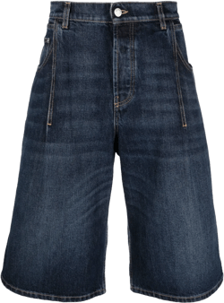 leather-logo-patch denim shorts