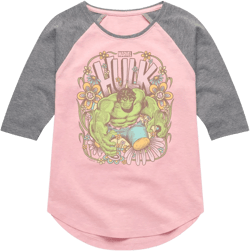 Girls' Marvel Hulk Floral Shirt Tail Raglan Graphic T-shirt - Light Pink/Ath Hea - X-Large