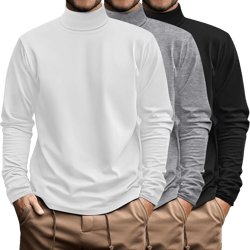 Ficerd 3 Pack Men's Big and Tall Turtleneck Shirts Cotton Long Sleeve Turtle Neck Tops Plus Size Loose Fit Basic Tee Black, Light Gray, White XX-Large