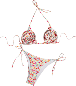 OYOANGLE Women's 2 Piece Floral Print Bikini Set 3D Flower Halter Neck Tie Back Bathing Suit Medium Multicolor