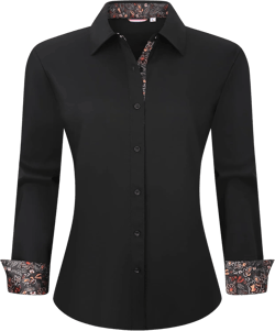 WARHORSEE Womens Cotton Button Down Dress Shirt Long Sleeve Easy Care Dressy Work Tops Business Casual Blouses for Women Black Large