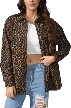 Kedera Women’s Leopard Print Jean Jacket Cheetah Print Denim Bomber Jacket Button Down Shacket Coat