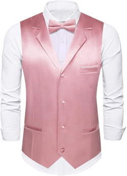 Dubulle Mens Satin Vest and Tie Solid Suit Waistcoat and Pre-tied Bowtie Set for Men Lapel Pin Wedding Party Small Blush Pink