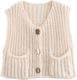Hixiaohe Womens Crochet Chunky Knit Top Sleeveless Button Down Crop Tops Trendy Cardigan Sweater Vest for Women with Pockets Beige Large